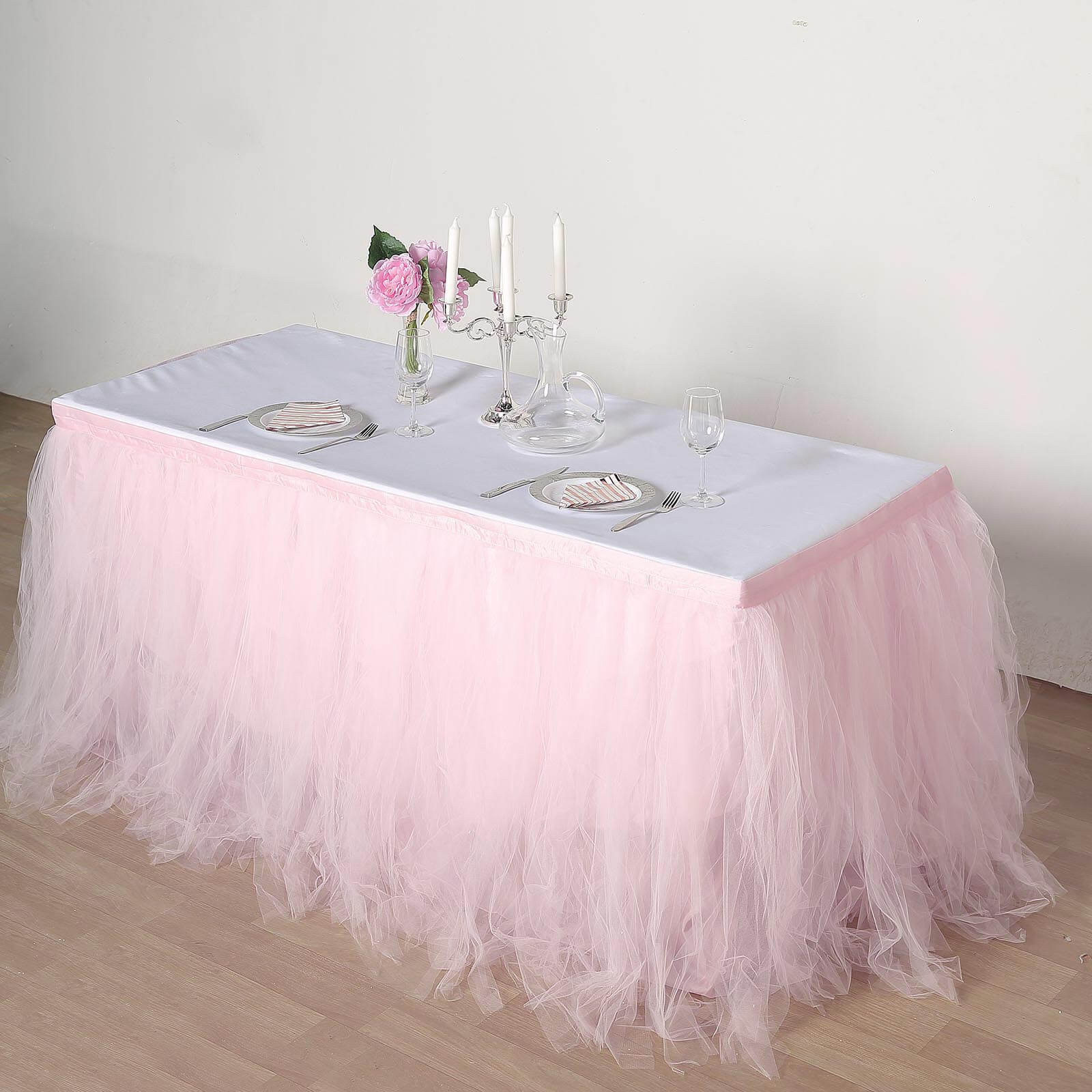 Tulle 14ft Table Skirt Blush - 4 Layer Pleated Tutu Table Cover