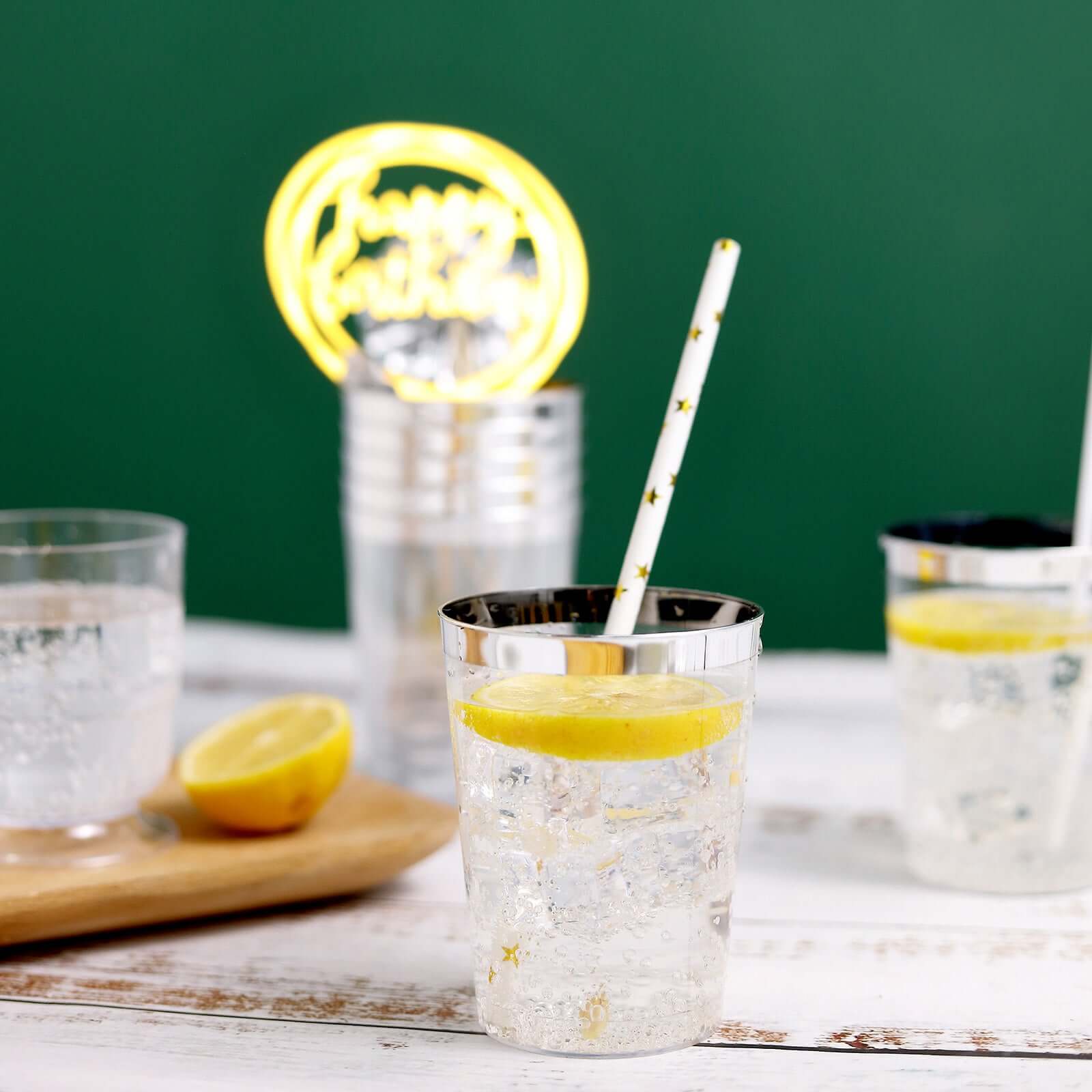 25-Pack Plastic Tumbler Cups Clear with Silver Rim - Stylish Disposable Party Glasses 10oz