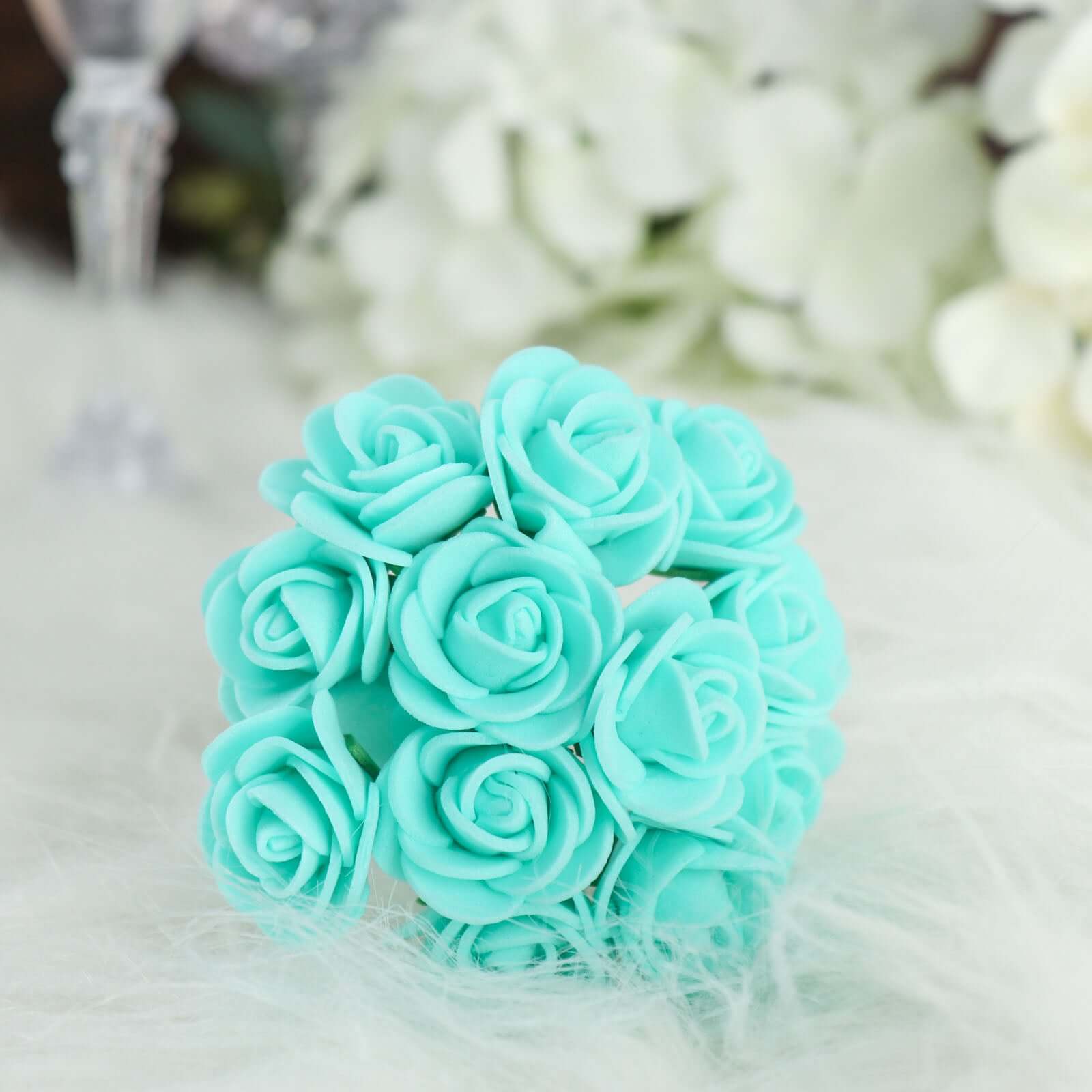 48 Roses 1" Turquoise Real Touch Artificial DIY Foam Rose Flowers With Stem, Craft Rose Buds