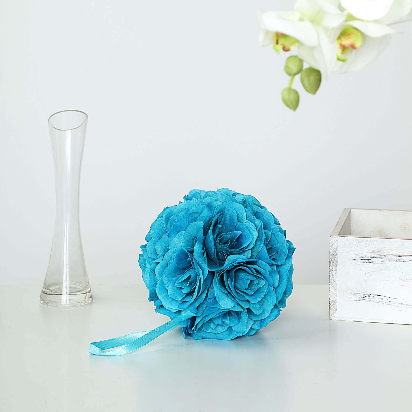 2 Pack 7" Turquoise Artificial Silk Rose Kissing Ball, Faux Flower Ball