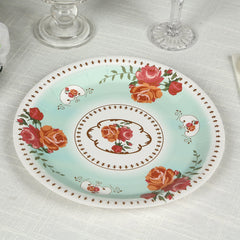 25-Pack Paper 9" Round Dinner Plates in Turquoise with Vintage Rose Flower Print - Disposable Plates for High Tea Gatherings & Romantic Celebrations