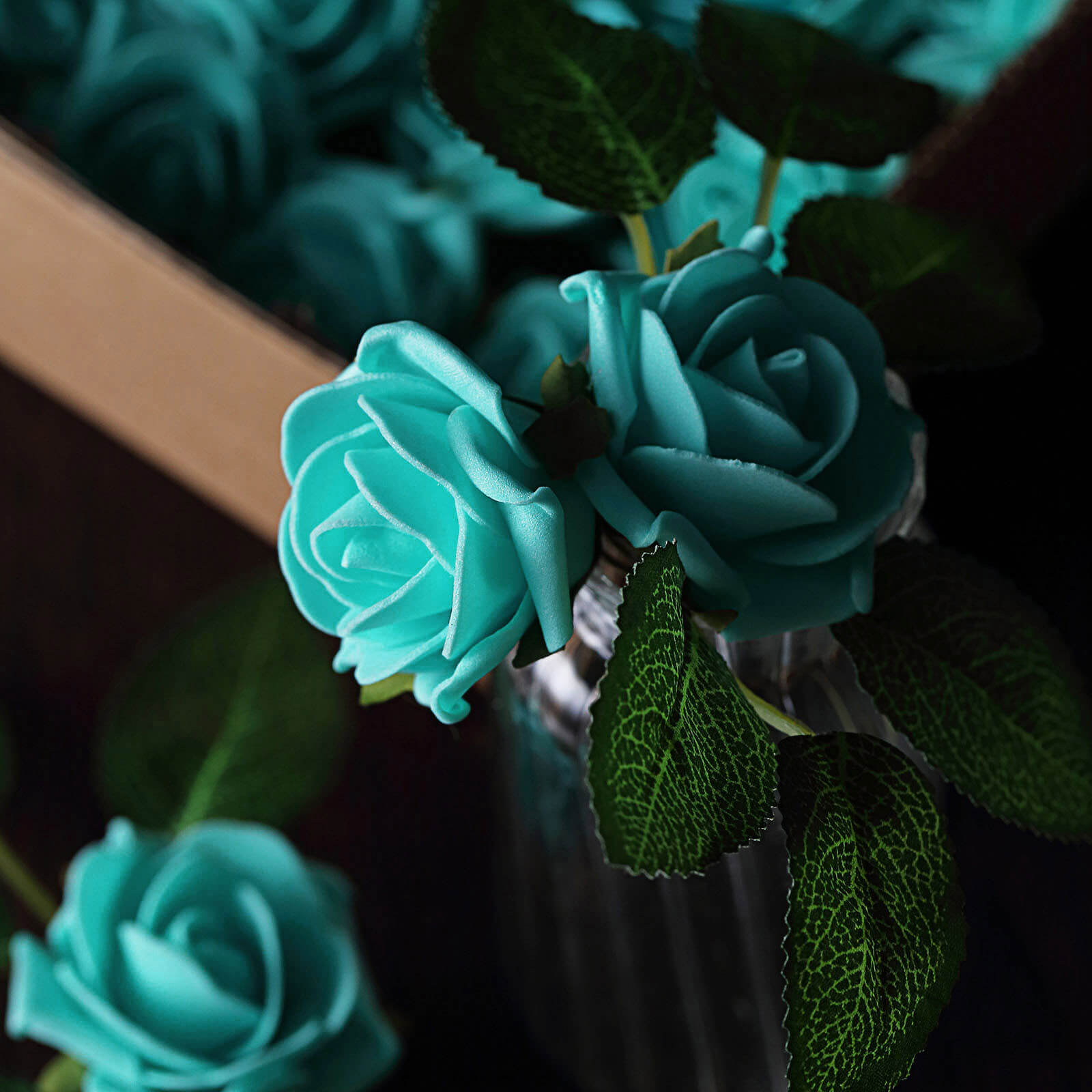 24 Roses 2" Turquoise Artificial Foam Flowers With Stem Wire and Leaves