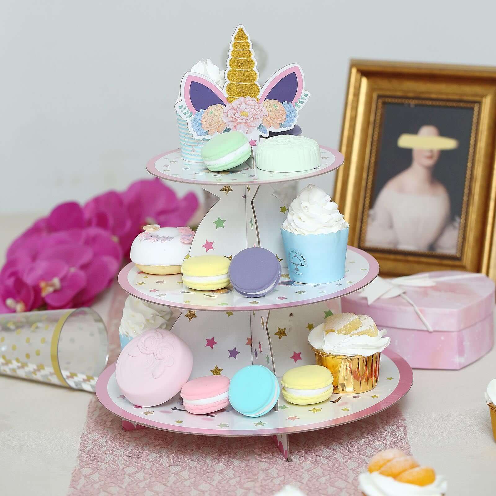 3-Tier Cardboard Cupcake Dessert Stand - Stable Treat Tower Display Holder for Unicorn Themed Girls Birthday Baby Shower Party Decor 15"