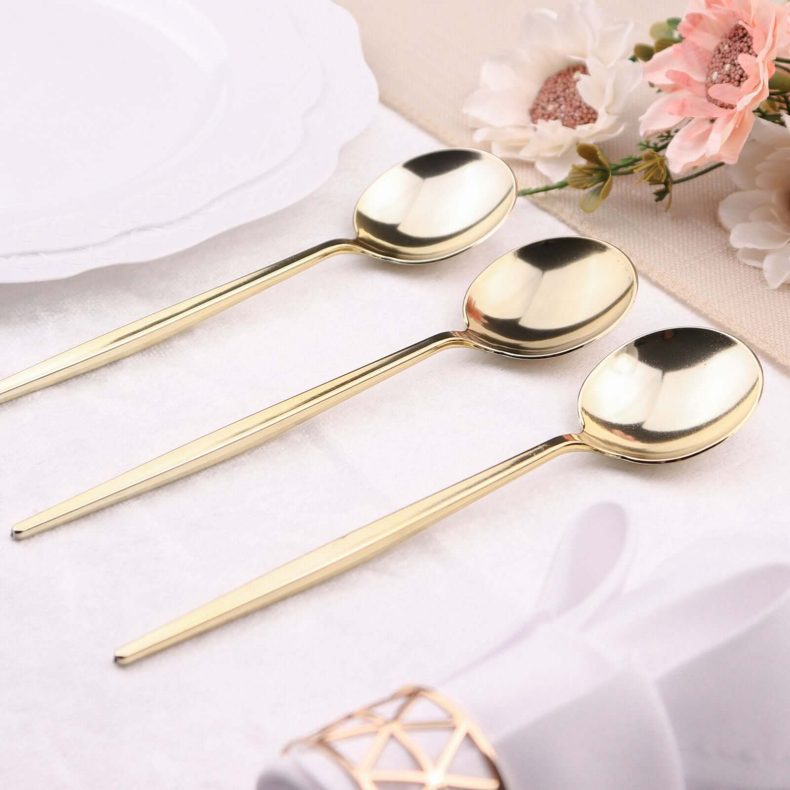 24-Pack Plastic Spoons Glossy Gold - Premium Heavy Duty Disposable Silverware 8"