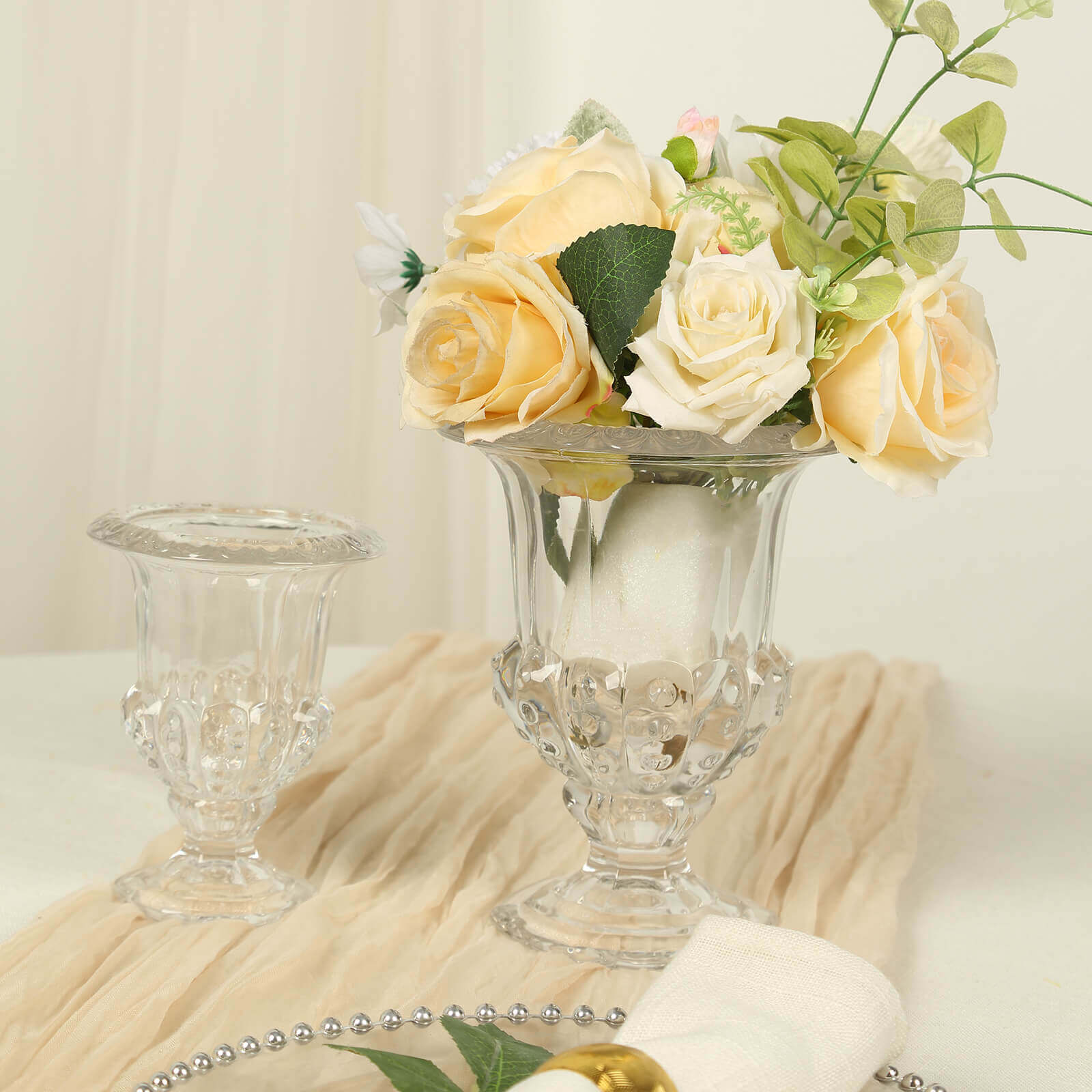 2-Pack Glass Mini Pedestal Flower Vases in Classic Roman Urn Style Clear - Sophisticated Wedding Table Centerpieces 8"