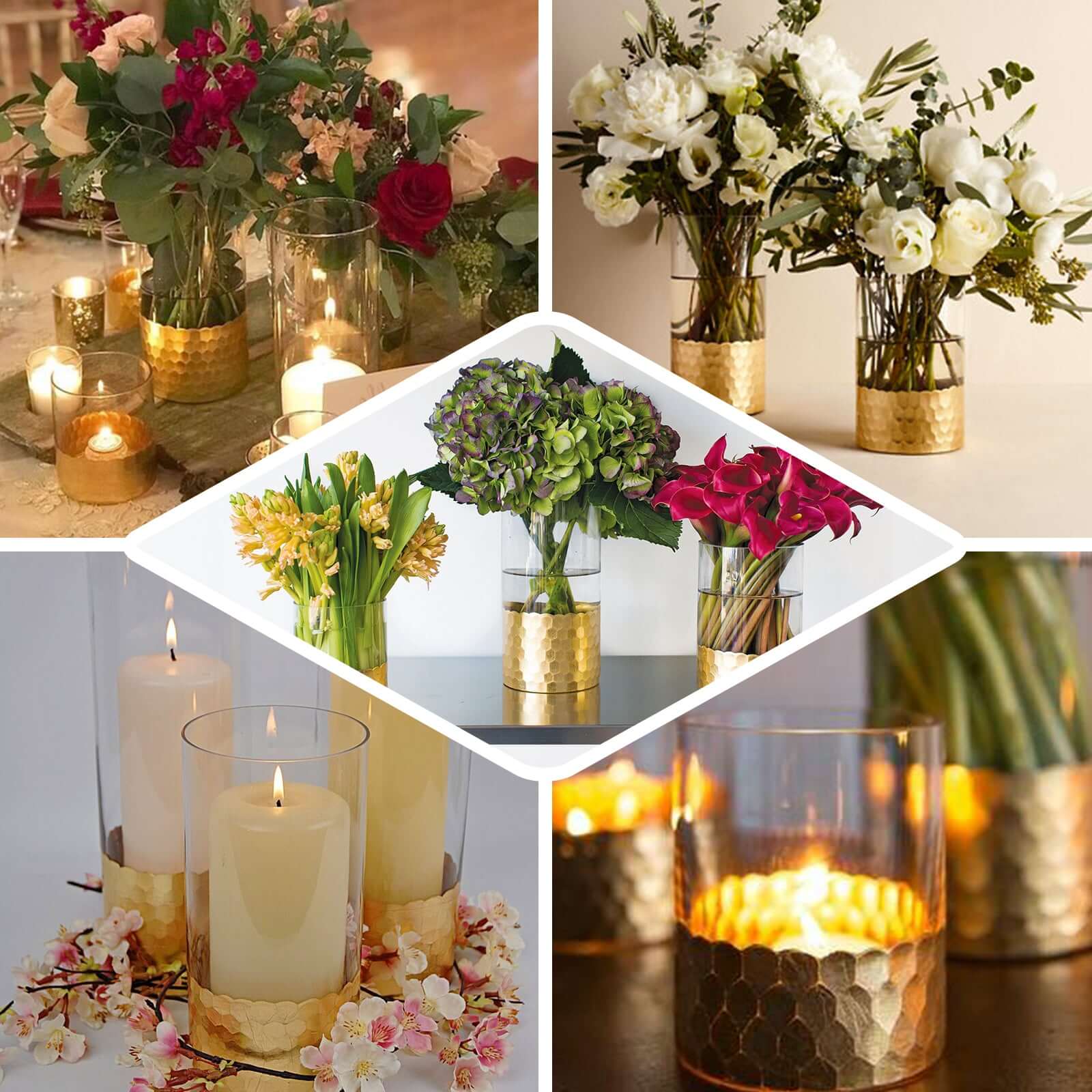 Set of 3 Clear Glass Cylinder Vases with Gold Honeycomb Base, Votive Tealight Candle Holder Set - 8",10",12"