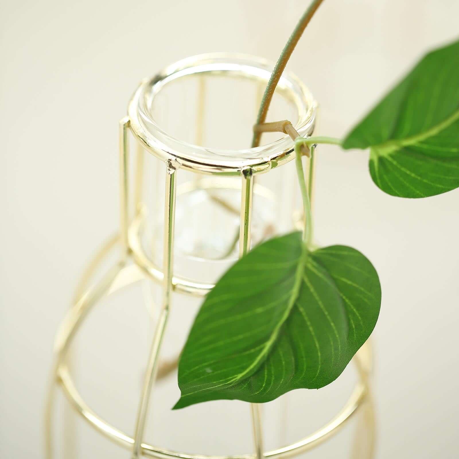 Set of 2 Wedding Centerpieces Gold Metal Frame Bottle Shaped Design - Geometric Glass Bud Vases 8",10"