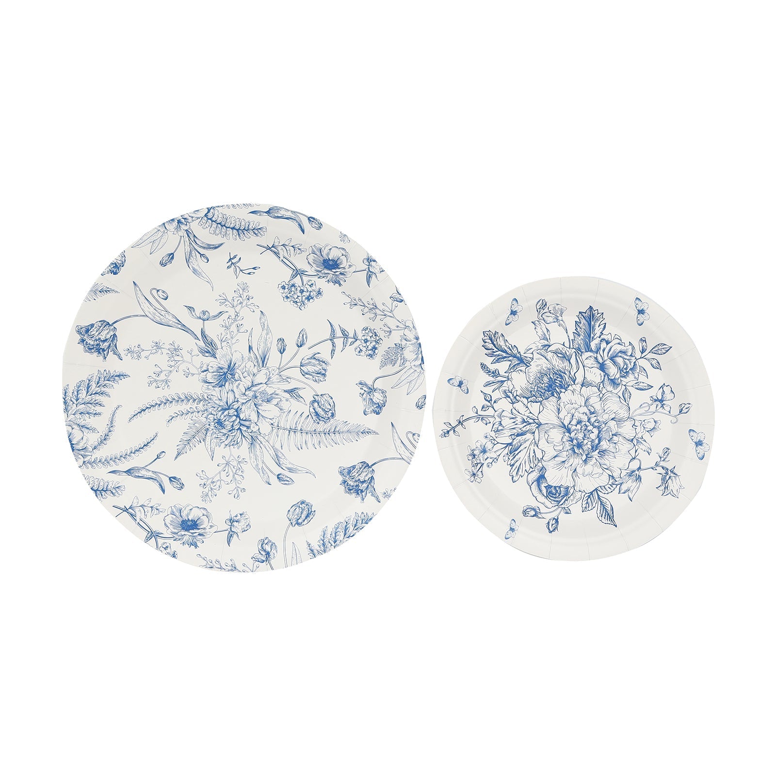 50-Pack Paper Round Dessert and Dinner Plates in White with Blue French Toile Pattern - Vintage Style Disposable Party Plates Set for High Tea Events & Classy Occasions 7", 9"