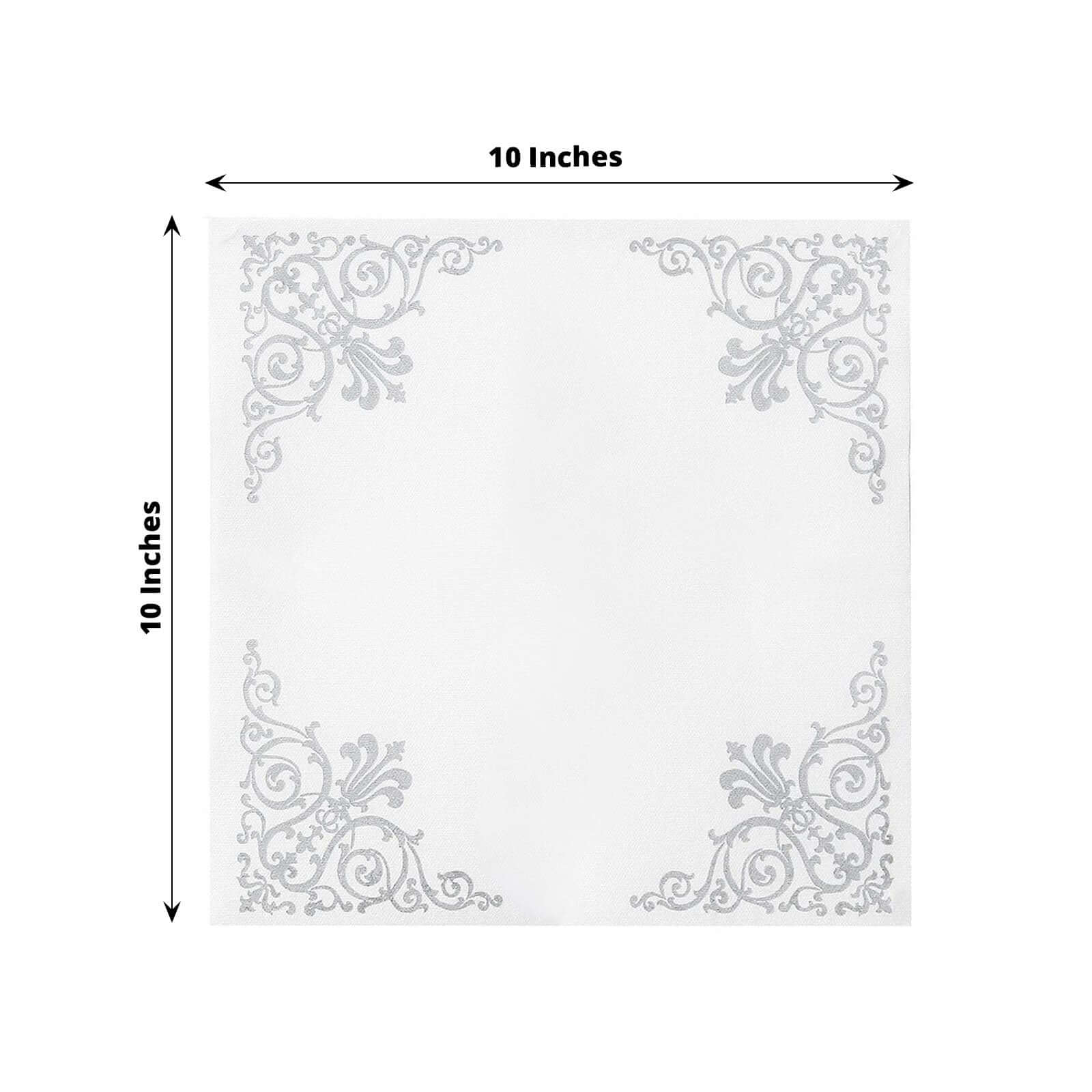 20 Pack Linen-Like Paper 5"x5" Napkins White - Silver Fleur Vintage Design - Classy Airlaid Cocktail Napkins for Events
