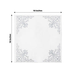 20 Pack Linen-Like Paper 5"x5" Napkins White - Silver Fleur Vintage Design - Classy Airlaid Cocktail Napkins for Events