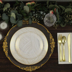 10-Pack Plastic 7" Round Dessert Plates in White with Gold Wave Brush Strokes Pattern - Disposable Appetizer Salad Plates for Modern & Classy Table Decor
