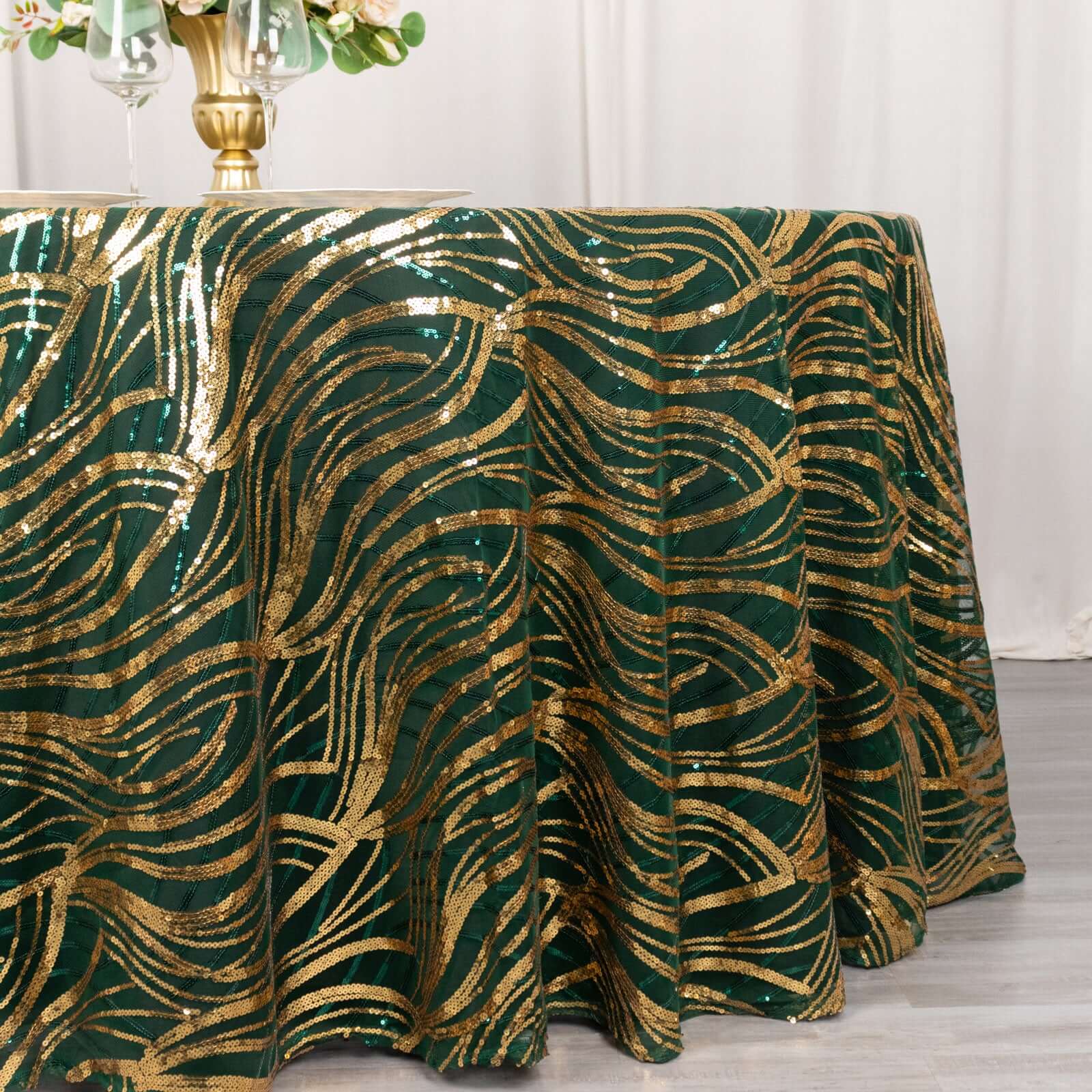 Sequin Mesh 120" Round Tablecloth Hunter Emerald Green/Gold - Seamless Wave Embroidered Table Cover