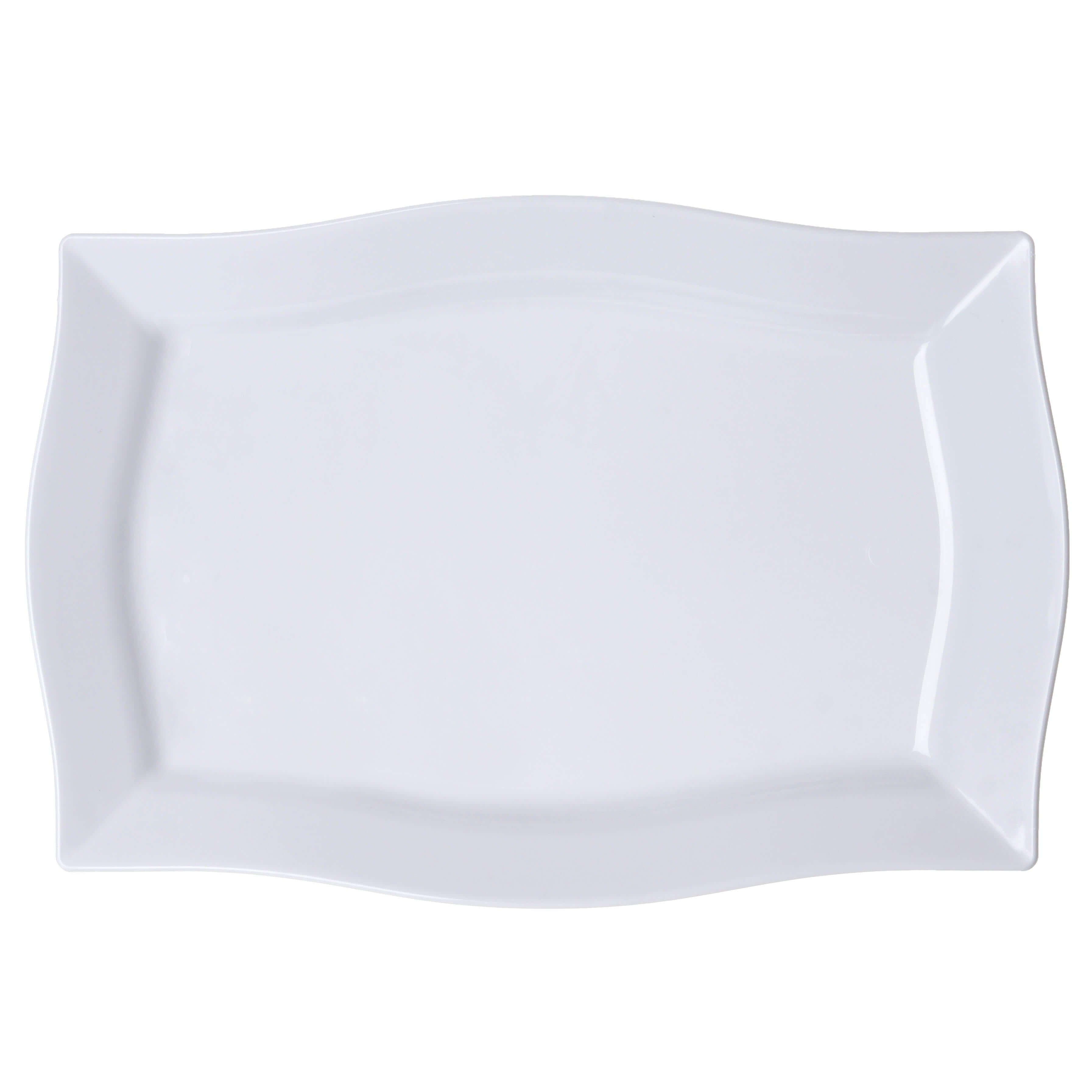 10-Pack Serving Plates Rectangular Design with Wave Trimmed Rim Glossy White - Plastic Disposable Event Plates 12"