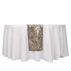 Sequin Mesh 12"x108" Table Runner Black Gold Stylish Wave Embroidery