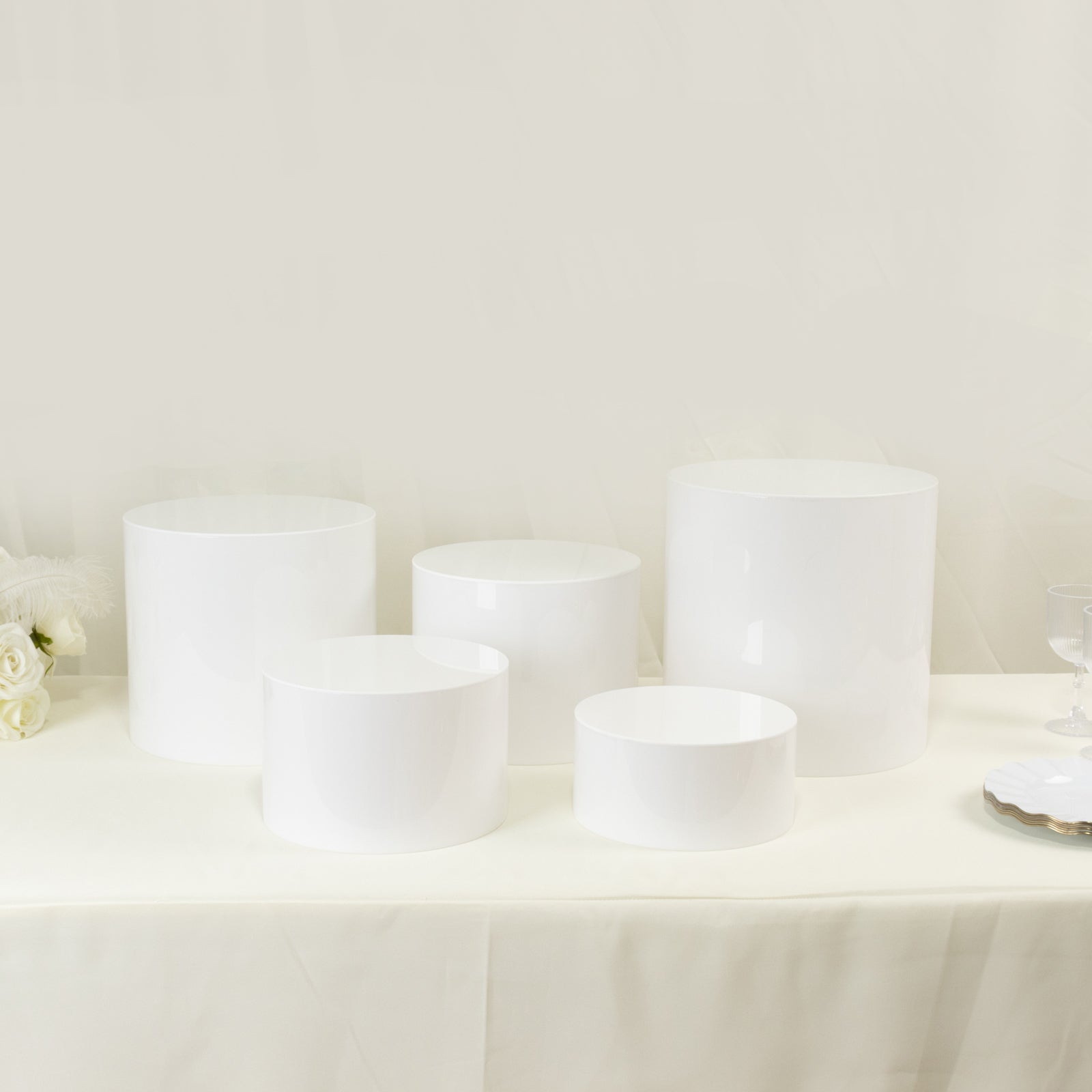 Set of 5 Acrylic Cake Stands Cylinder Design Round White - Display Risers for Events 4", 6", 8", 10", 12"