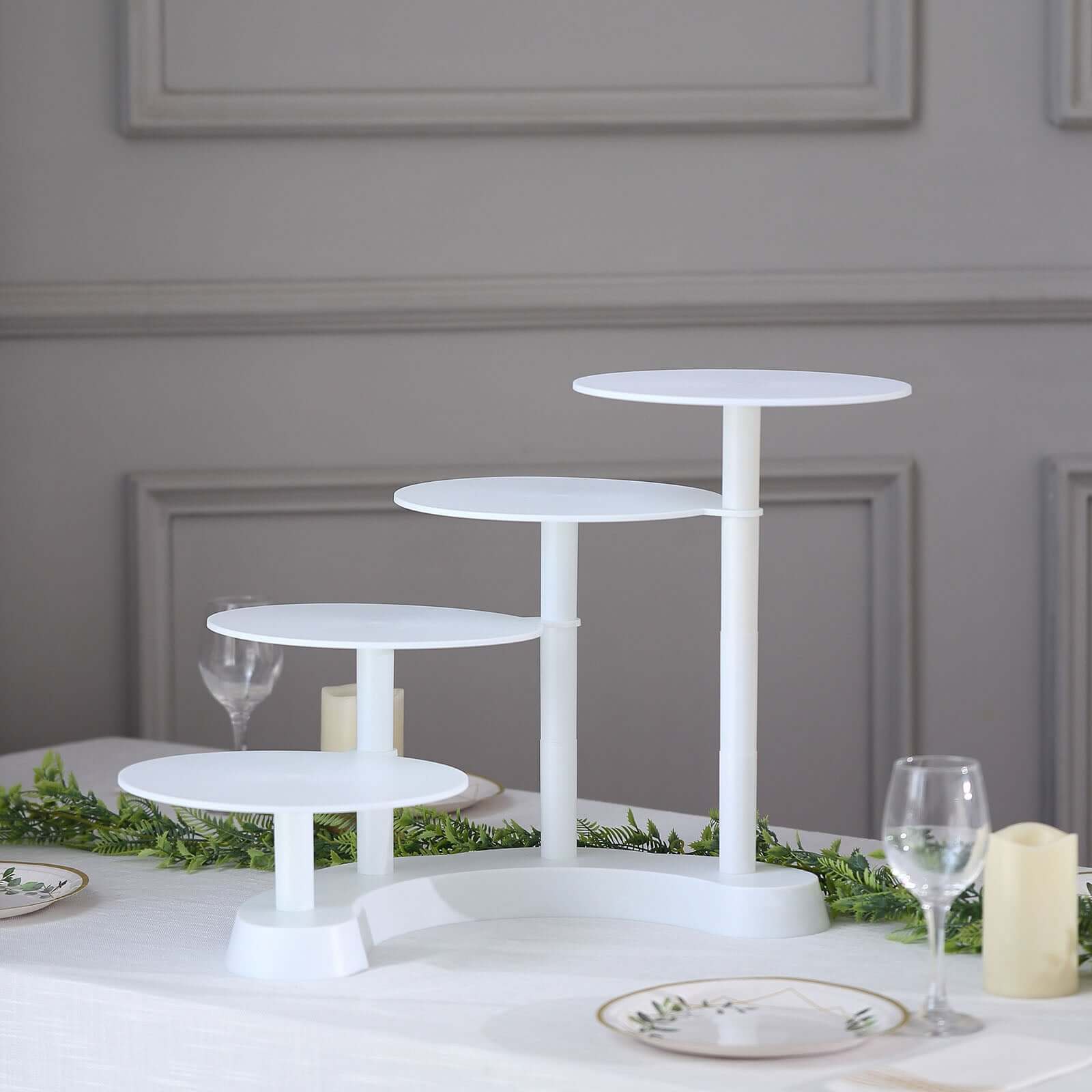 4-Tier Plastic Cake Stand with Half Moon Base White - Space Saving Multi-layer Cupcake Holder Dessert Tower for Weddings Tea Parties & Home Gatherings 17"