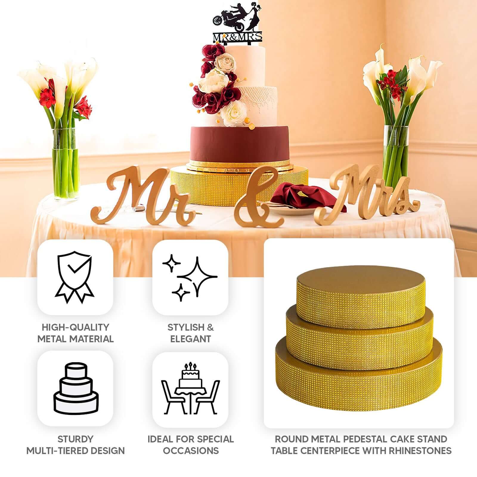 Metal Pedestal Cake Stand Round Design with Rhinestones Gold - Cupcake Holder and Dessert Table Centerpiece 16"