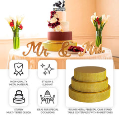 Metal Pedestal Cake Stand Round Design with Rhinestones Gold - Cupcake Holder and Dessert Table Centerpiece 16"