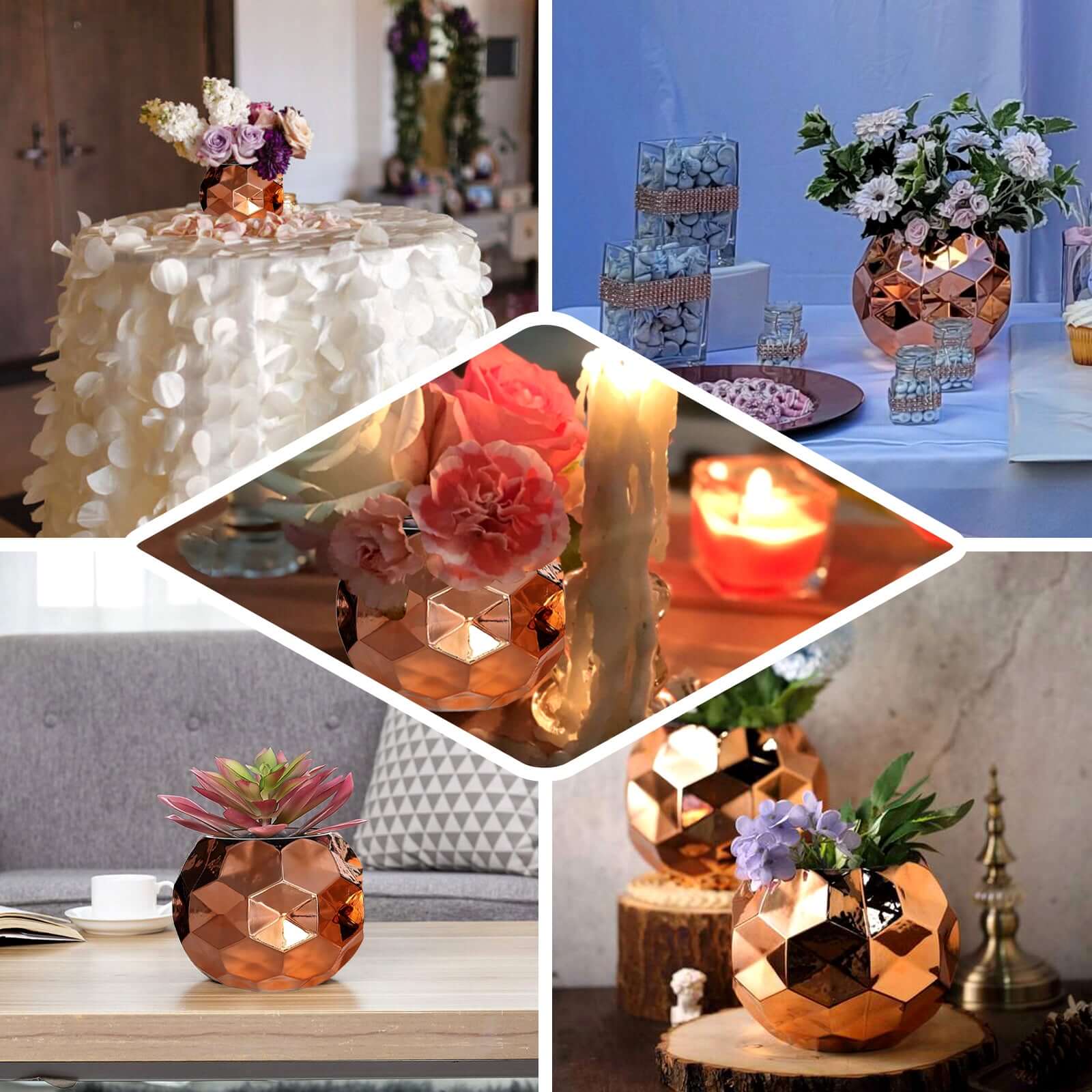2-Pack Mercury Glass Vases Honeycomb Design Rose Gold - Stylish Geometric Wedding Centerpieces 6"