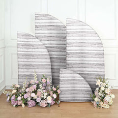 Set of 4 Whitewash Rustic Wood Print Spandex Chiara Wedding Arch Covers, Fitted Covers For Half Moon Backdrop Stands - 2.5ft, 5ft, 6ft, 7ft