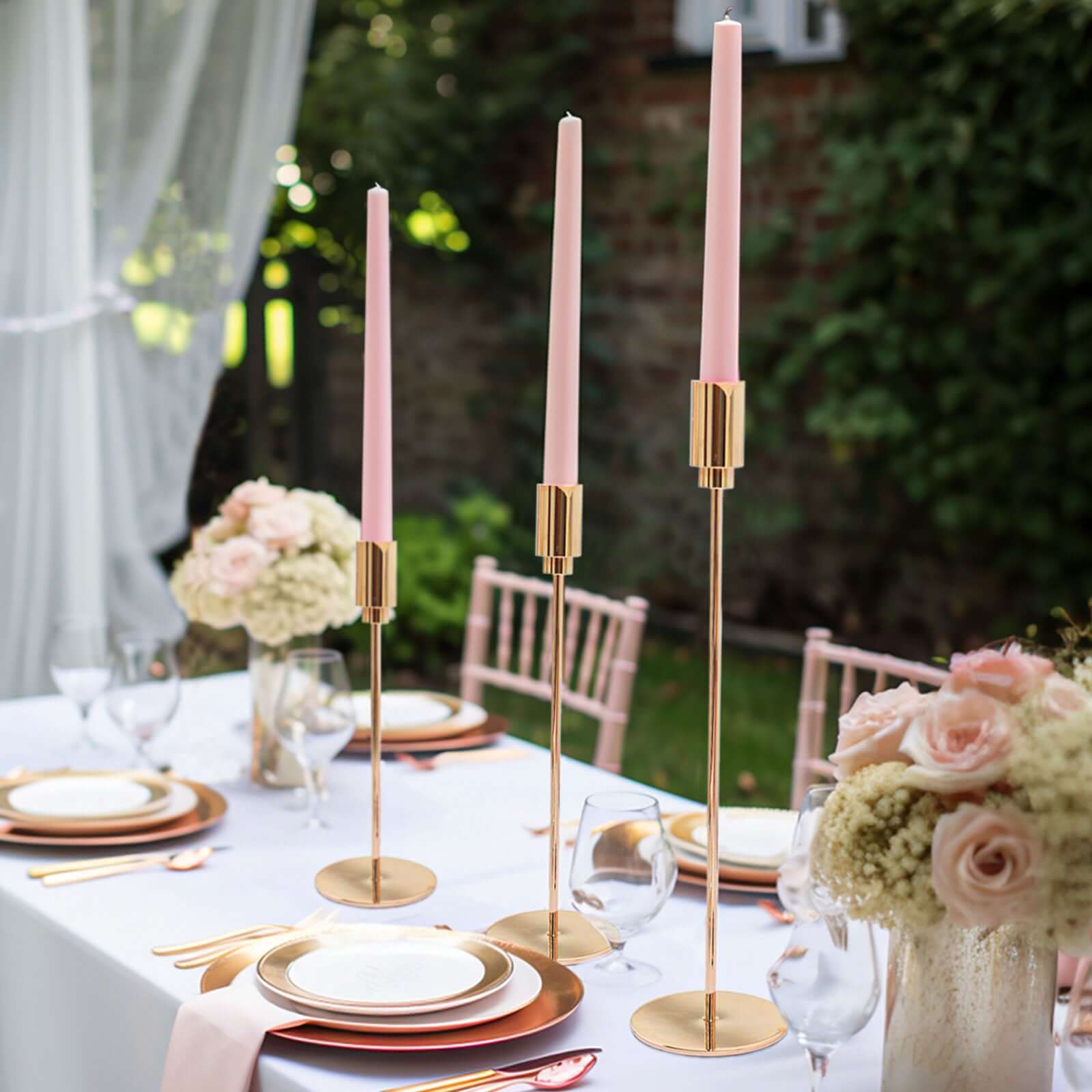 Set of 3 Taper Candle Stands Gold Metal Decorative Round Base Design - Wedding Table Accents 9", 10", 13"
