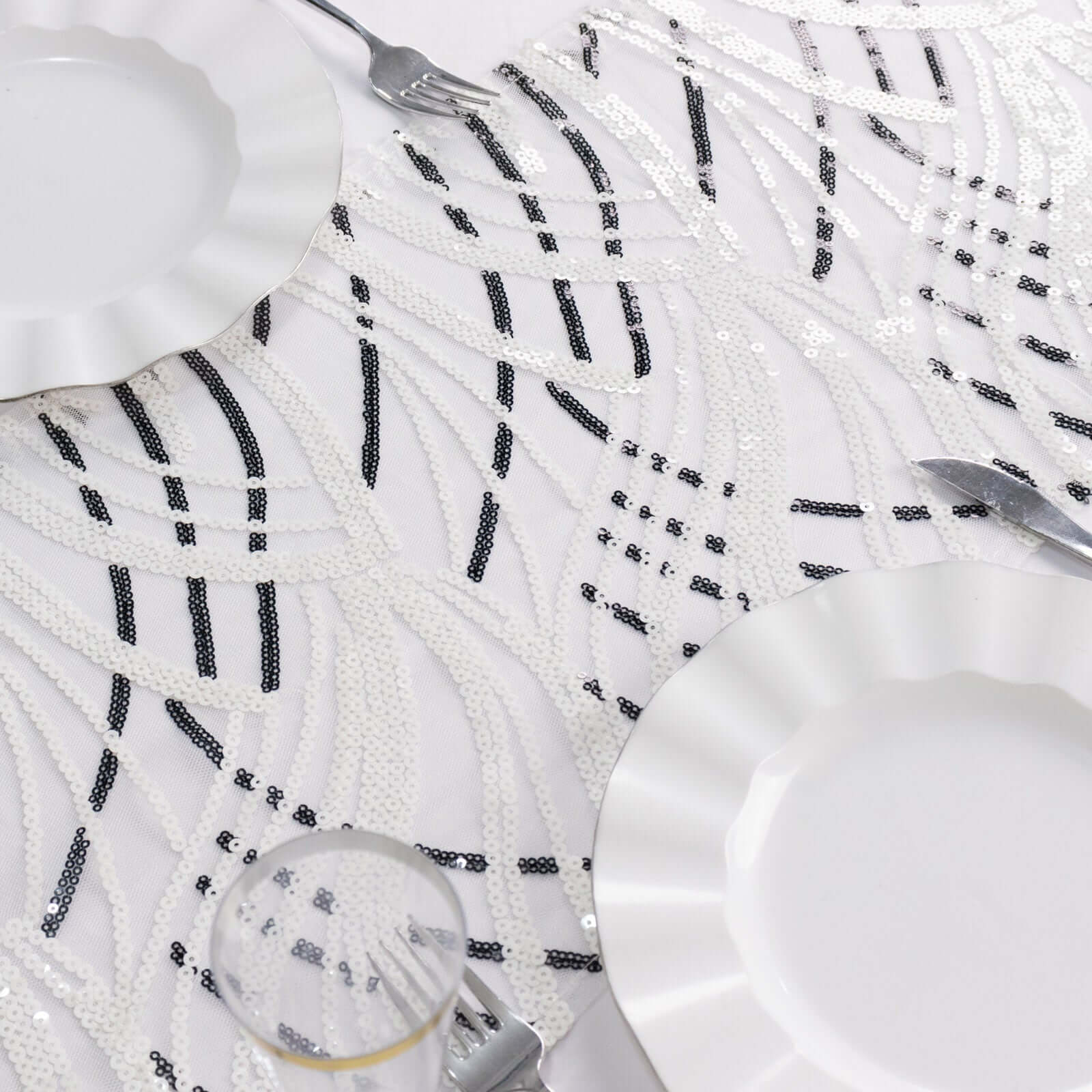 Sequin Mesh 12"x108" Table Runner White Black Stylish Wave Embroidery