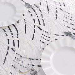 Sequin Mesh 12"x108" Table Runner White Black Stylish Wave Embroidery