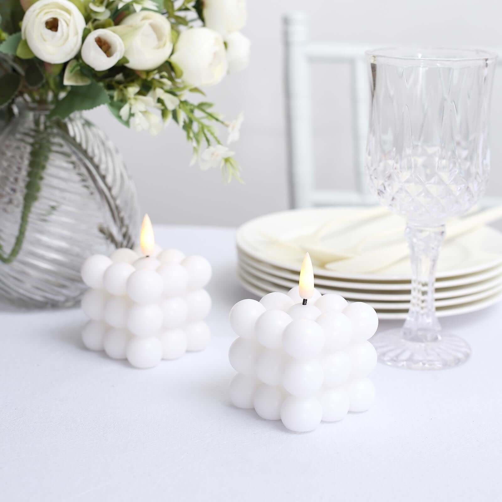 2-Pack LED Flameless Cube Candles Flickering Warm White/White - Battery Operated Bubble Design 2"