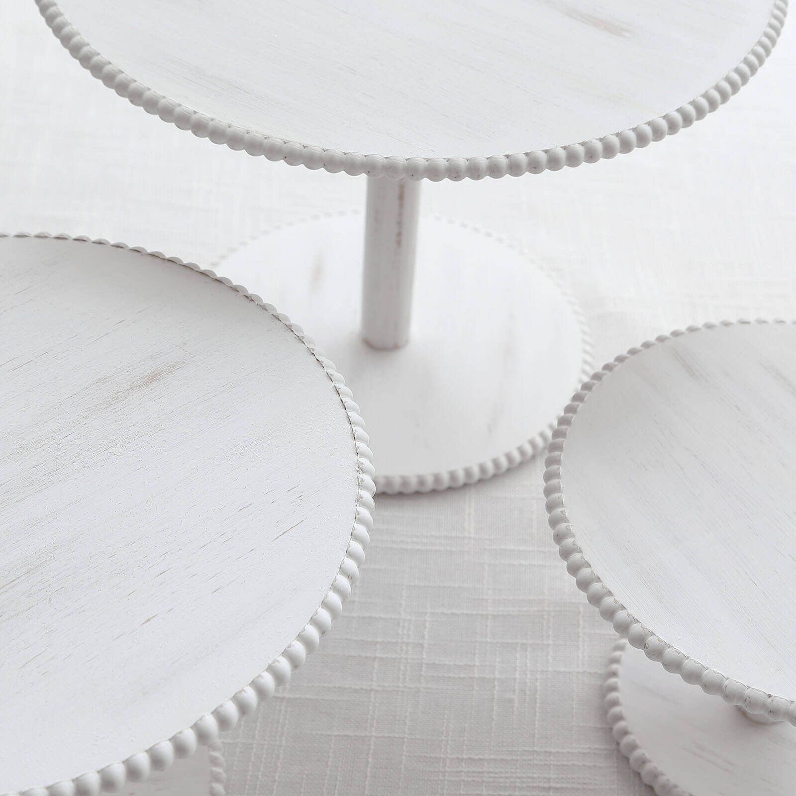 Set of 3 Wooden Pedestal Cake Stands Whitewash with Round Beaded Rim Trays - Stackable Rustic Cupcake Display 8", 10", 12"