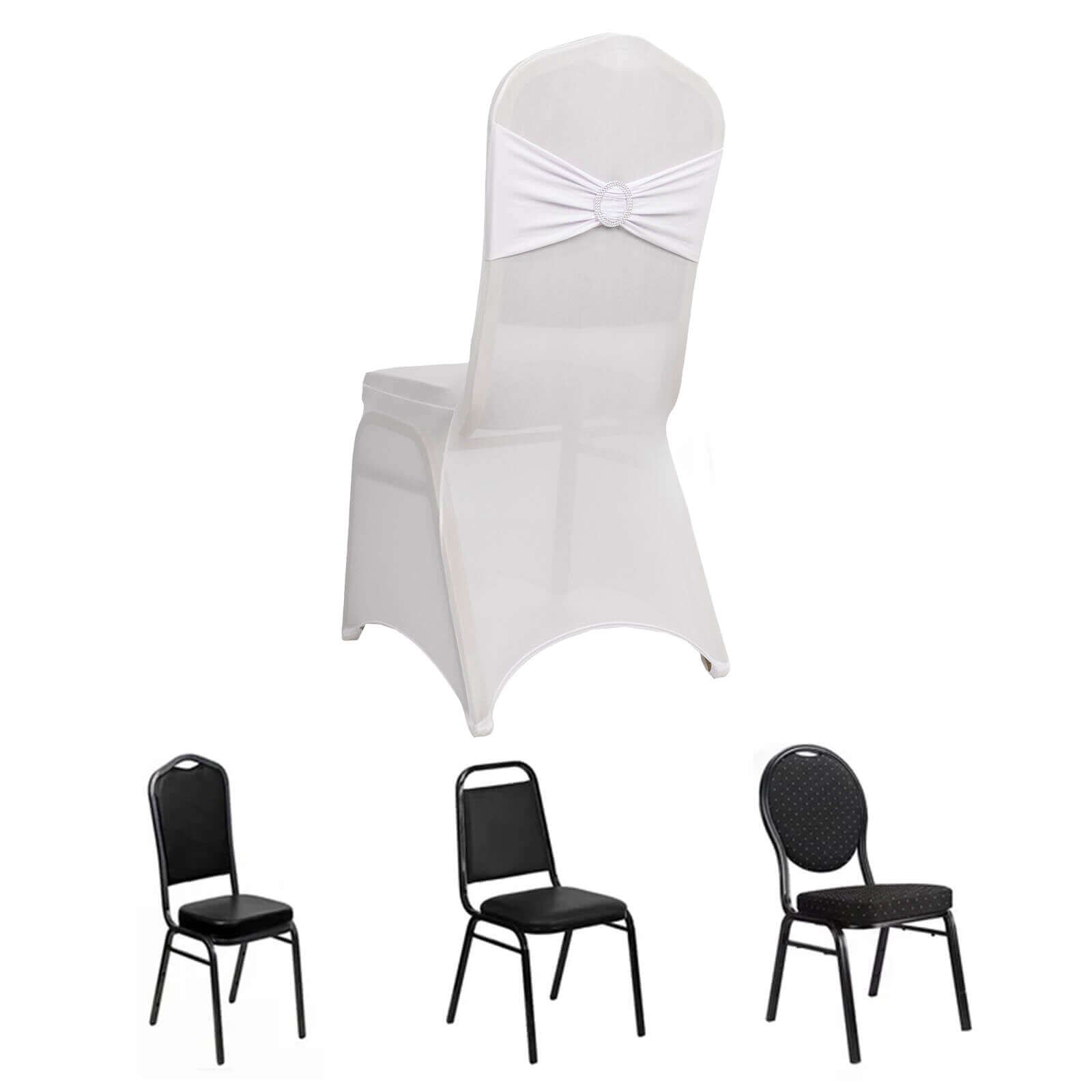 Spandex Chair Cover with White Rhinestone Buckled Sash Band Blush - Stylish Stretch Fitted Slipcover for Banquets & Events