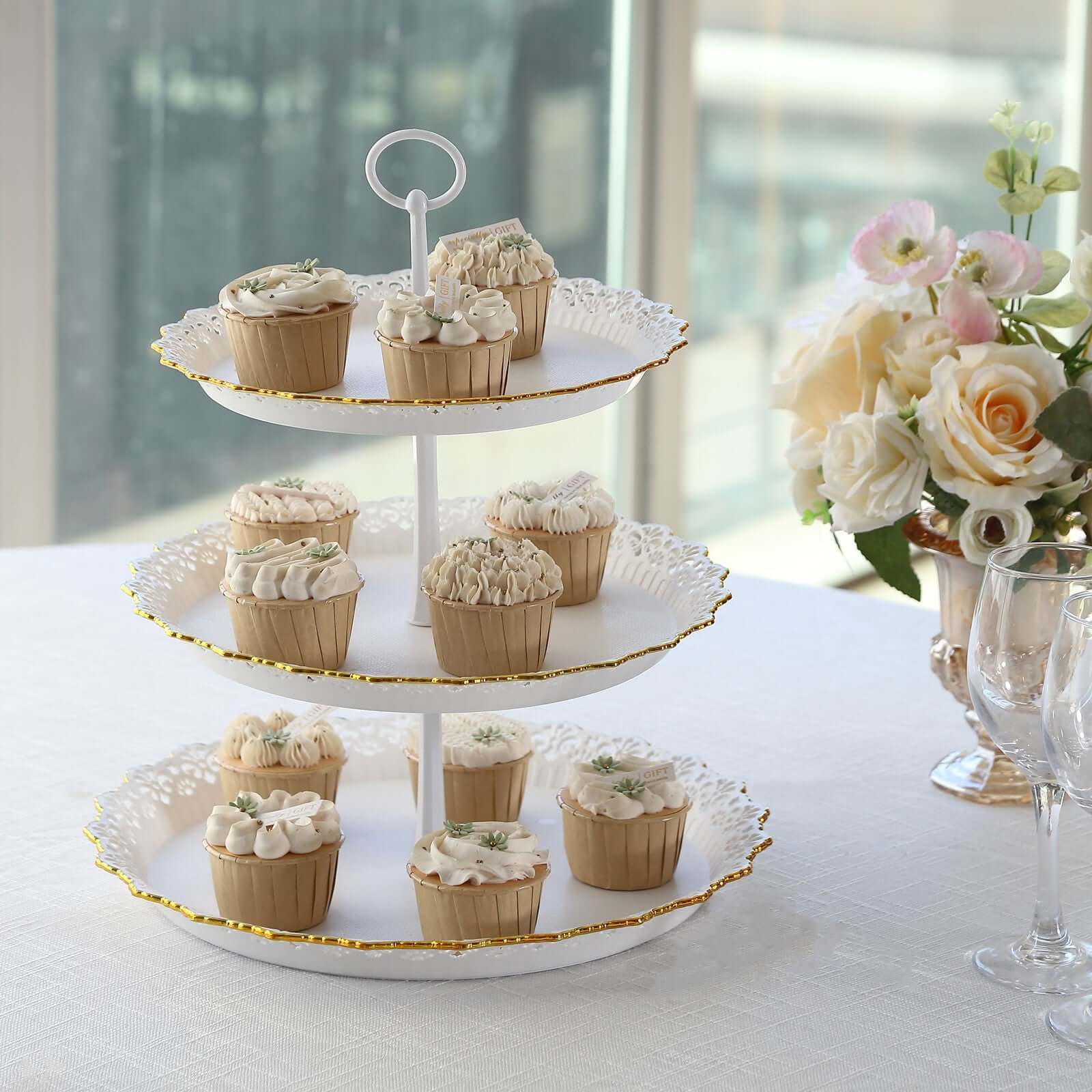 3-Tier Plastic Round Cupcake Stand 15" White with Lace Gold Rim Scalloped Edges - Multifunctional Space Saving Dessert Display Tower Pastry Serving Tray for Classy Events