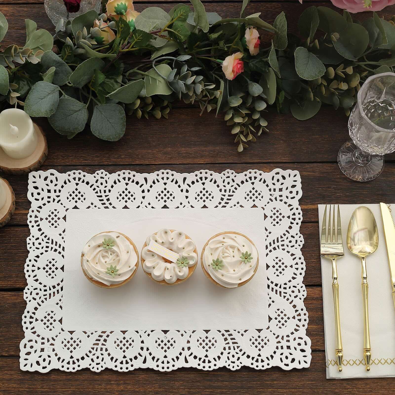 100 Pcs Paper 14"x10" Rectangle Placemats in White - Food Grade Lace Paper Doilies for Dessert Display & Table Decor