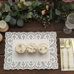 100 Pcs Paper 14"x10" Rectangle Placemats in White - Food Grade Lace Paper Doilies for Dessert Display & Table Decor