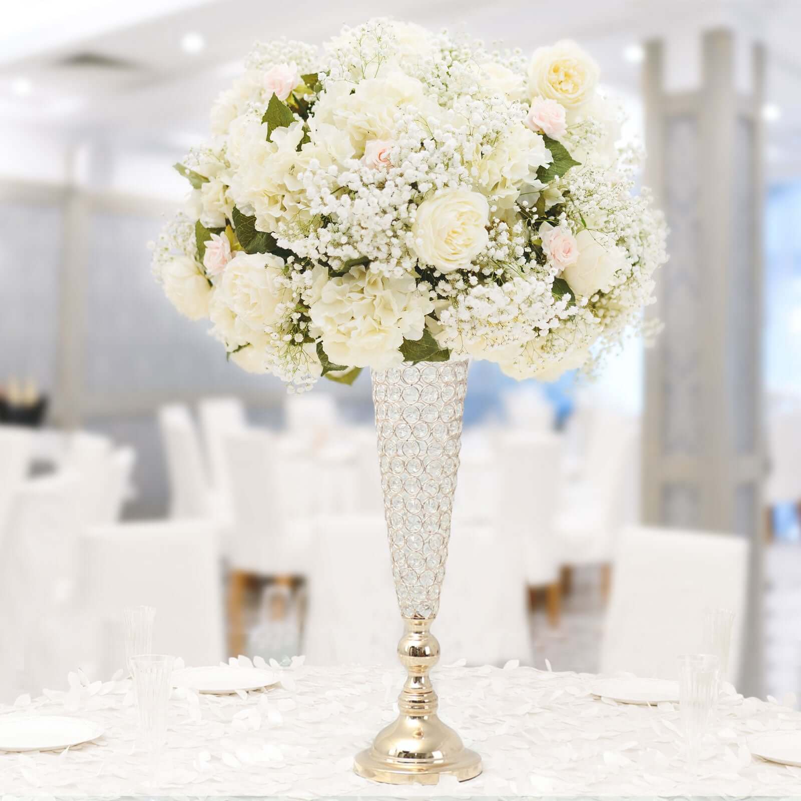2-Pack Crystal Beaded Trumpet Vase Set Gold - Table Centerpiece for Weddings and Events 32"