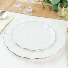 10-Pack Plastic Round 6" Dessert Plates in White Ruffled Rim with Gold Edging - Sturdy Disposable Salad Appetizer Dinnerware for Classy Events & Banquets