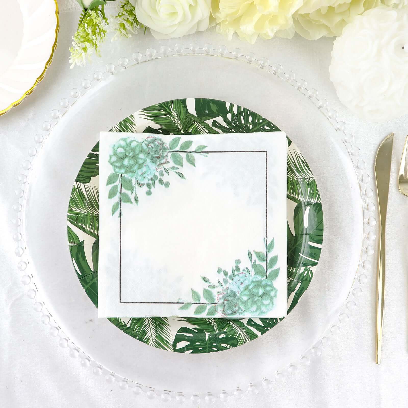 20-Pack Paper Dinner Napkins with Floral Design White/Green - Disposable 2 Ply Beverage Napkins 13"x13"