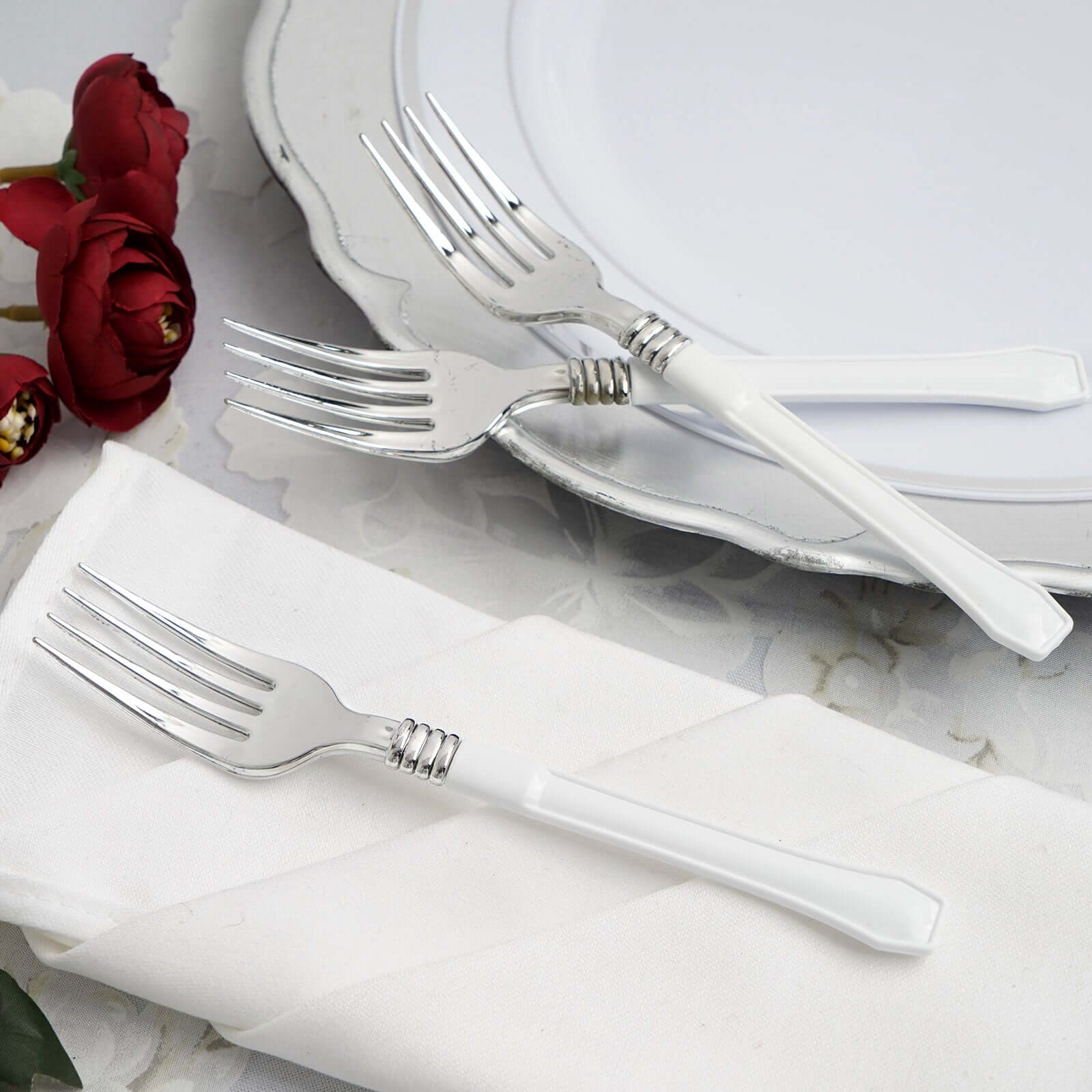 25-Pack Plastic Forks Light Silver Heavy Duty with White Handles - Reliable Disposable Tableware 7"