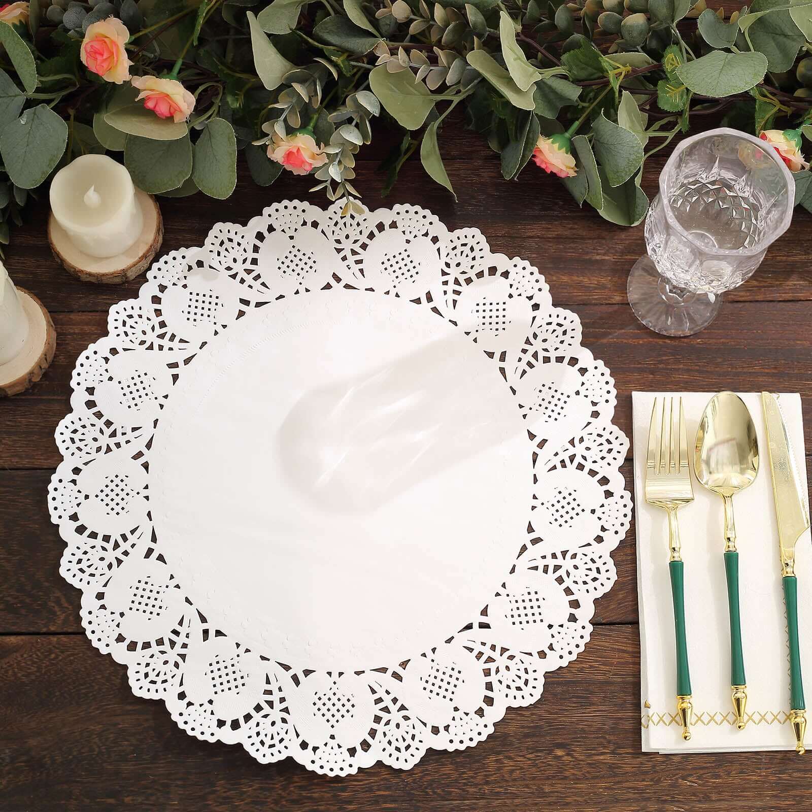 100 Pcs Paper 12" Round Placemats in White - Food Grade Lace Paper Doilies for Dessert Display & Table Decor