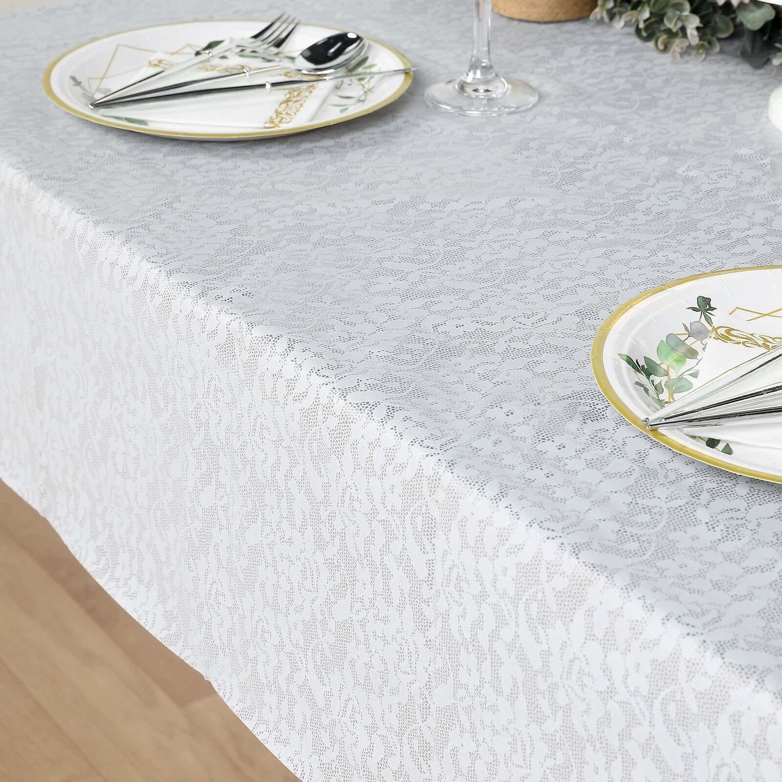White Square Plastic Table Covers in Lace Design, 65"x65" PVC Waterproof Disposable Tablecloths