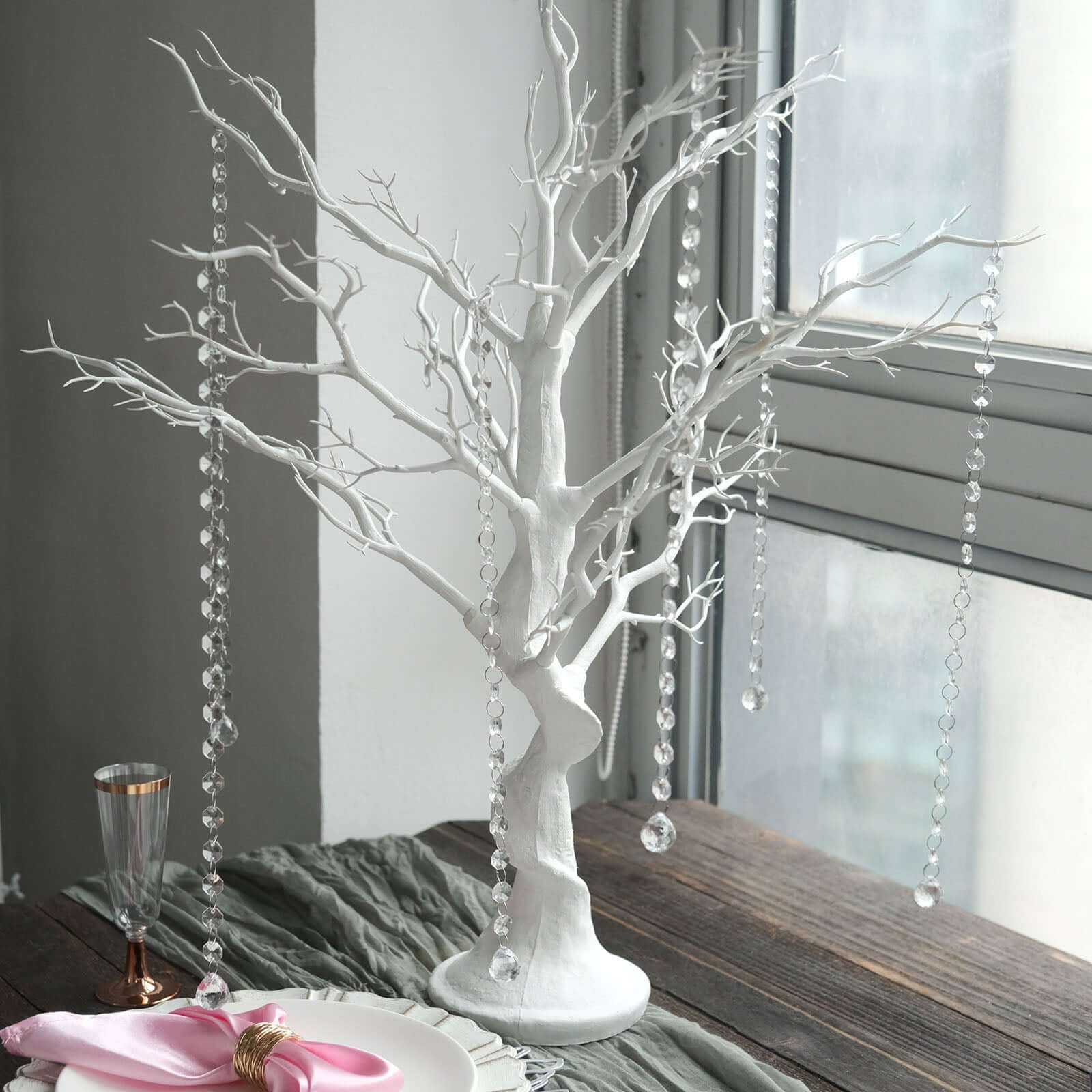 Manzanita Tree Centerpiece White with 8 Acrylic Bead Chains - Easy Assembly Decorative Artificial Tree for Modern Weddings Parties & Event Displays 34"