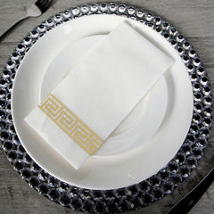 25 Pack Linen-Like Paper 8"x4" Napkins White with Gold Greek Key Design - Soft & Absorbent Airlaid Hand Towels for Exquisite Weddings & Events