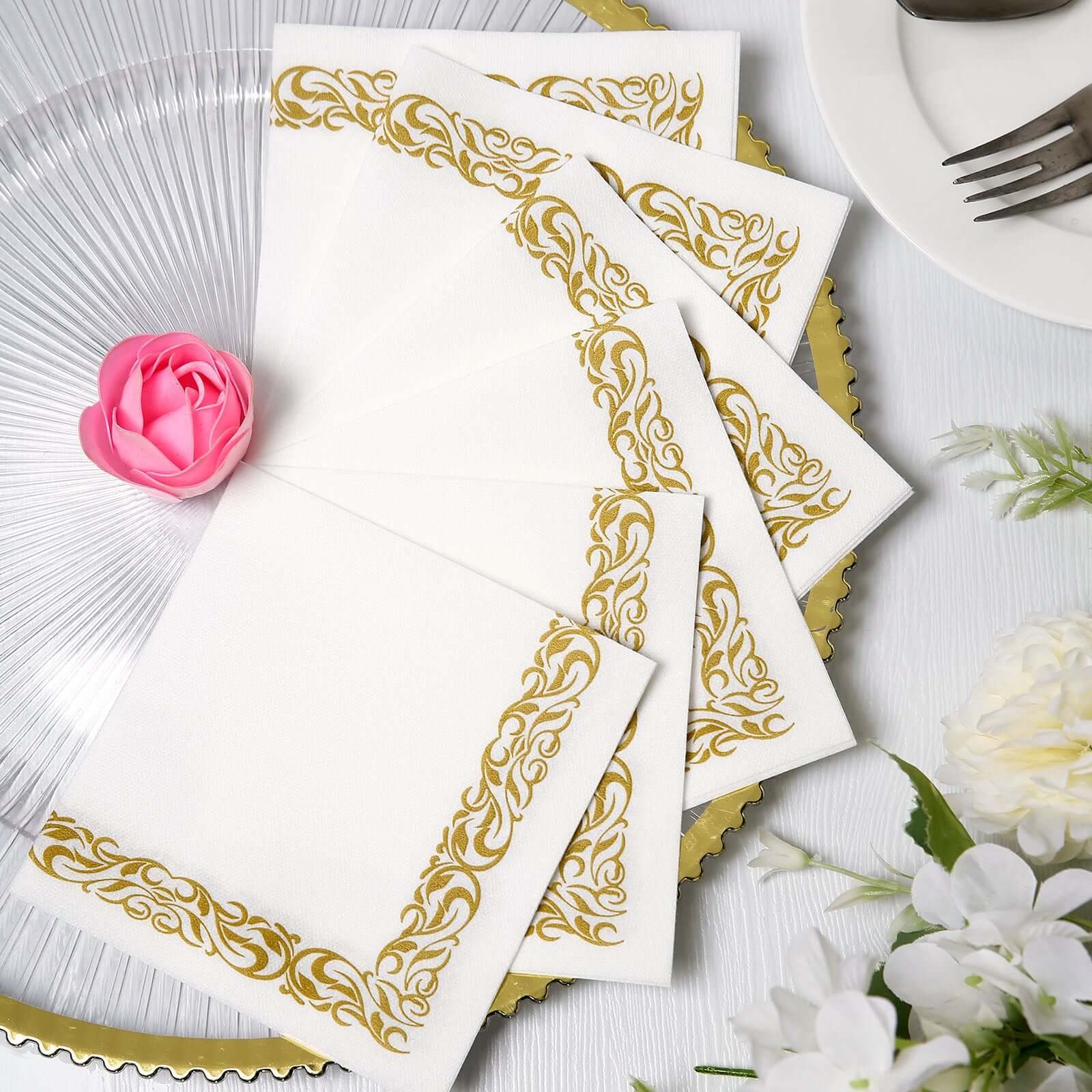 20 Pack Linen-Like Paper 5"x5" Napkins White with Gold Scroll Floral Design - Soft & Absorbent Airlaid Party Napkins