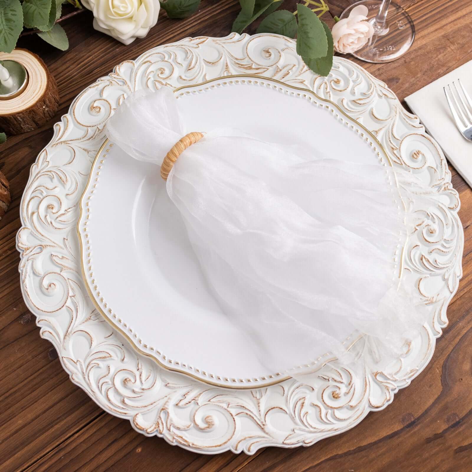 5 Pack Crinkled Organza 21"x21" Napkins White - Classy Rustic Style Dinner & Party Napkins