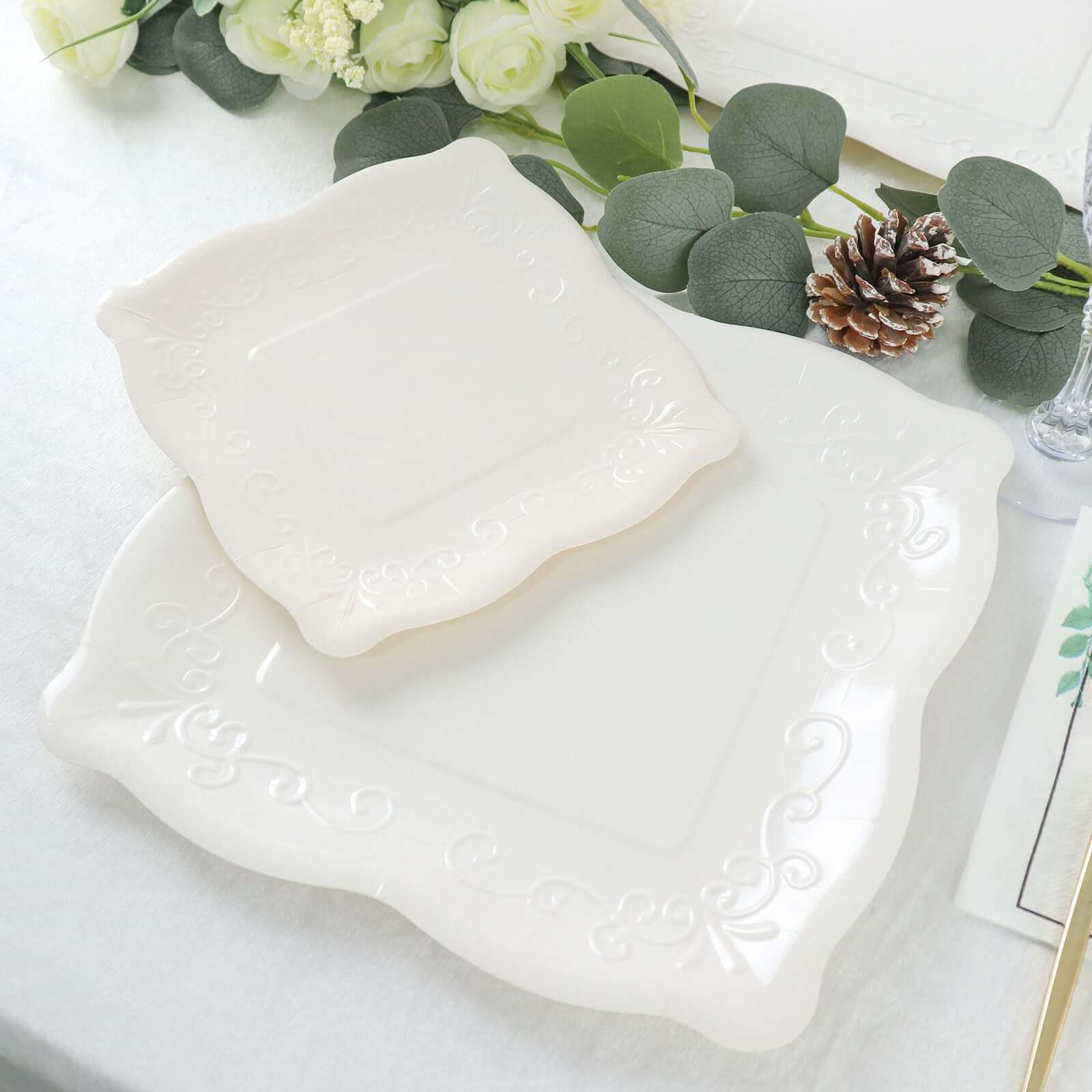 25-Pack Paper 7" Square Dessert Plates in White with Vintage Pottery Embossed Design - Shiny Disposable Appetizer Plates