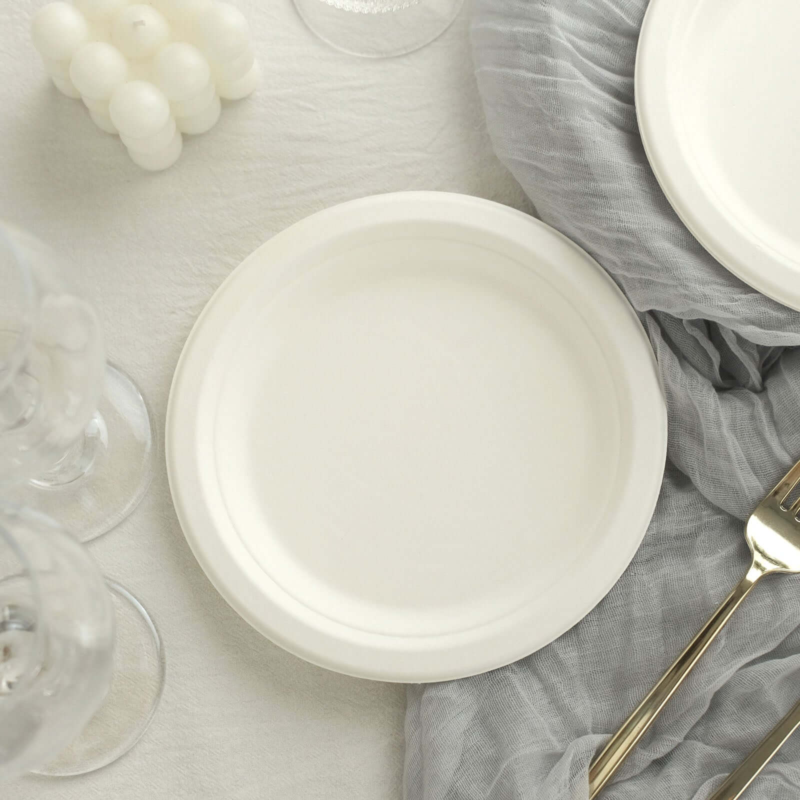 50-Pack Bagasse 7" Round Dessert Plates in White - Biodegradable Disposable Sugarcane Appetizer Salad Plates for Outdoor Celebrations & Picnics