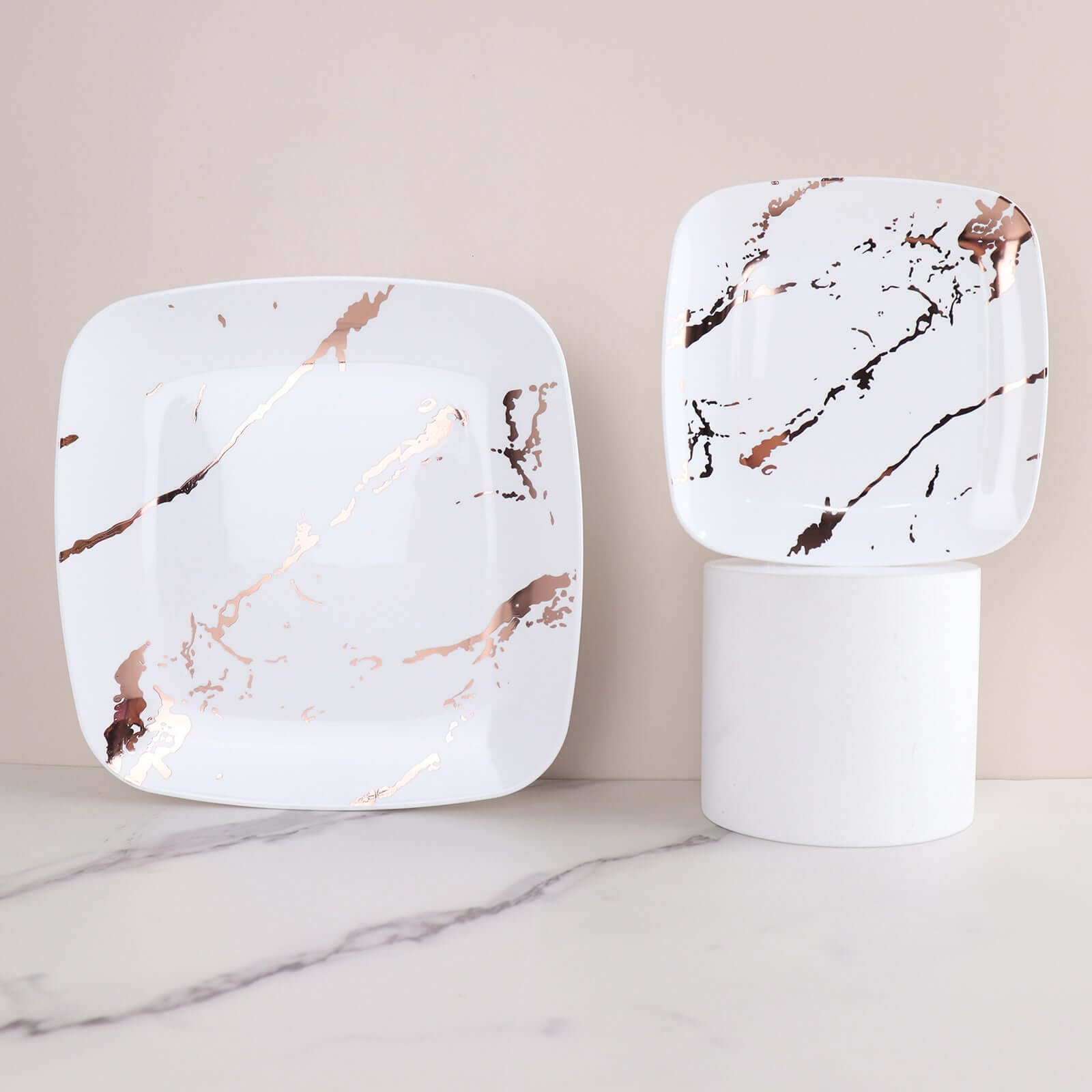10-Pack Plastic 8" Square Dessert Plates in White with Rose Gold Marble Design - Disposable Appetizer Salad Party Plates