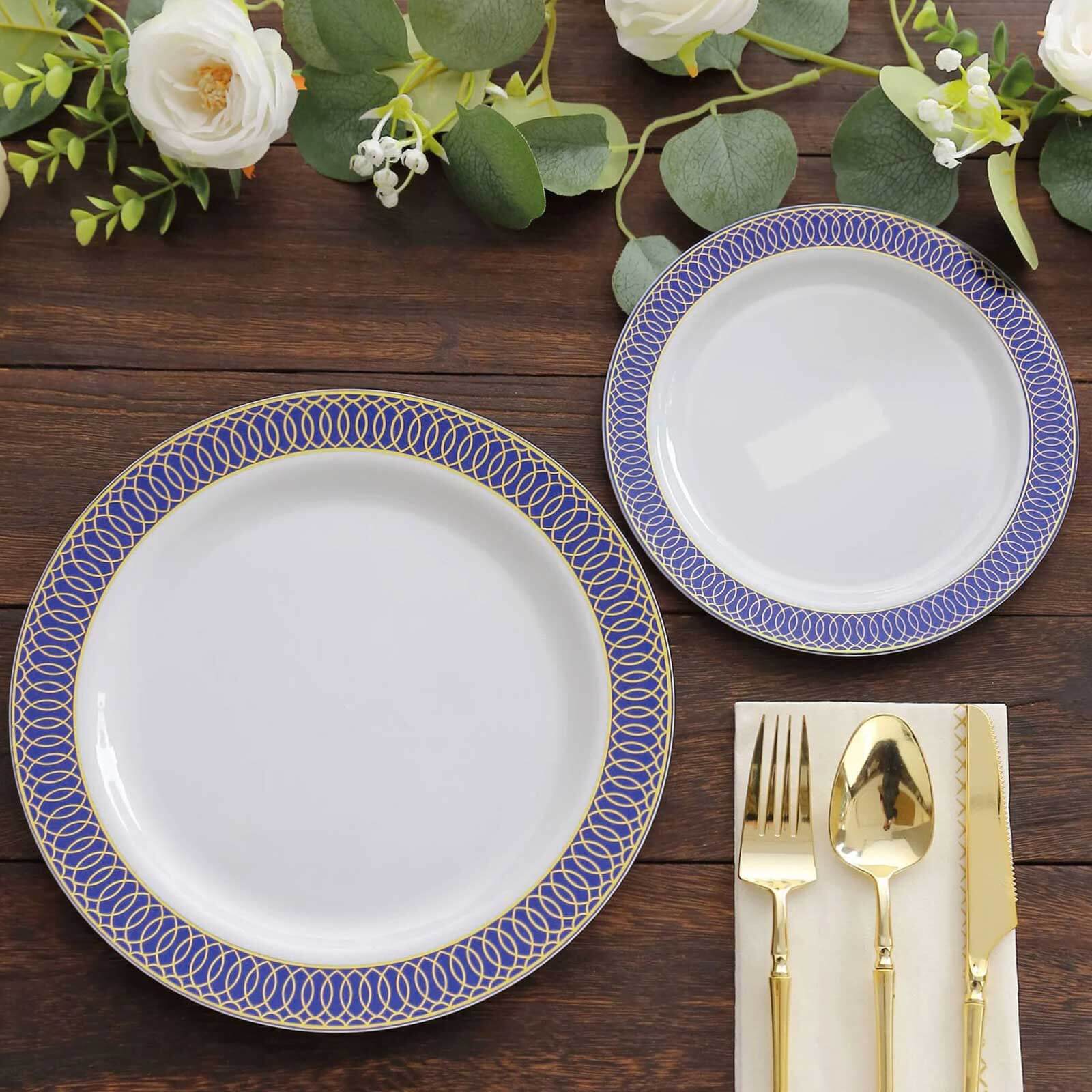 10-Pack Plastic Round Dinner Plates 10" White with Navy Blue Gold Spiral Rim - Chic Disposable Party Plates