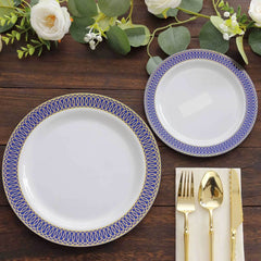 10-Pack Plastic Round Dinner Plates 10" White with Navy Blue Gold Spiral Rim - Chic Disposable Party Plates