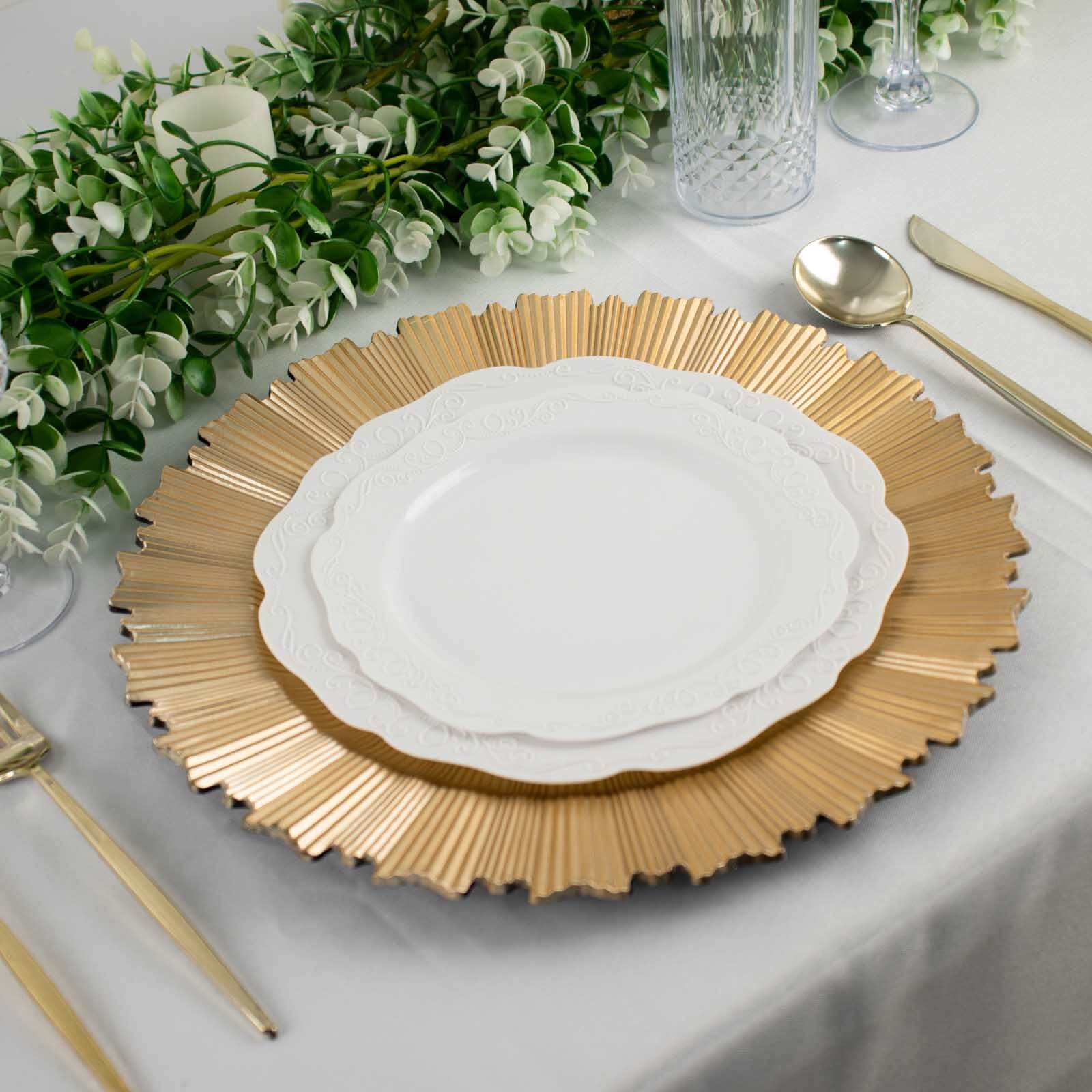 6-Pack Acrylic Plastic Round Charger Plates 13" in Metallic Gold with Sunray Scalloped Rim, Decorative Dinner Party Charger Tableware