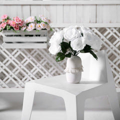 12" White Artificial Velvet-Like Fabric Rose Flower Bouquet Bush